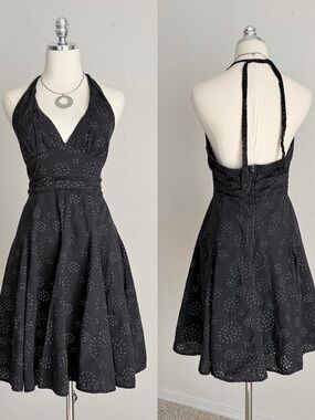 Black Halter Eyelet A-Line Dress